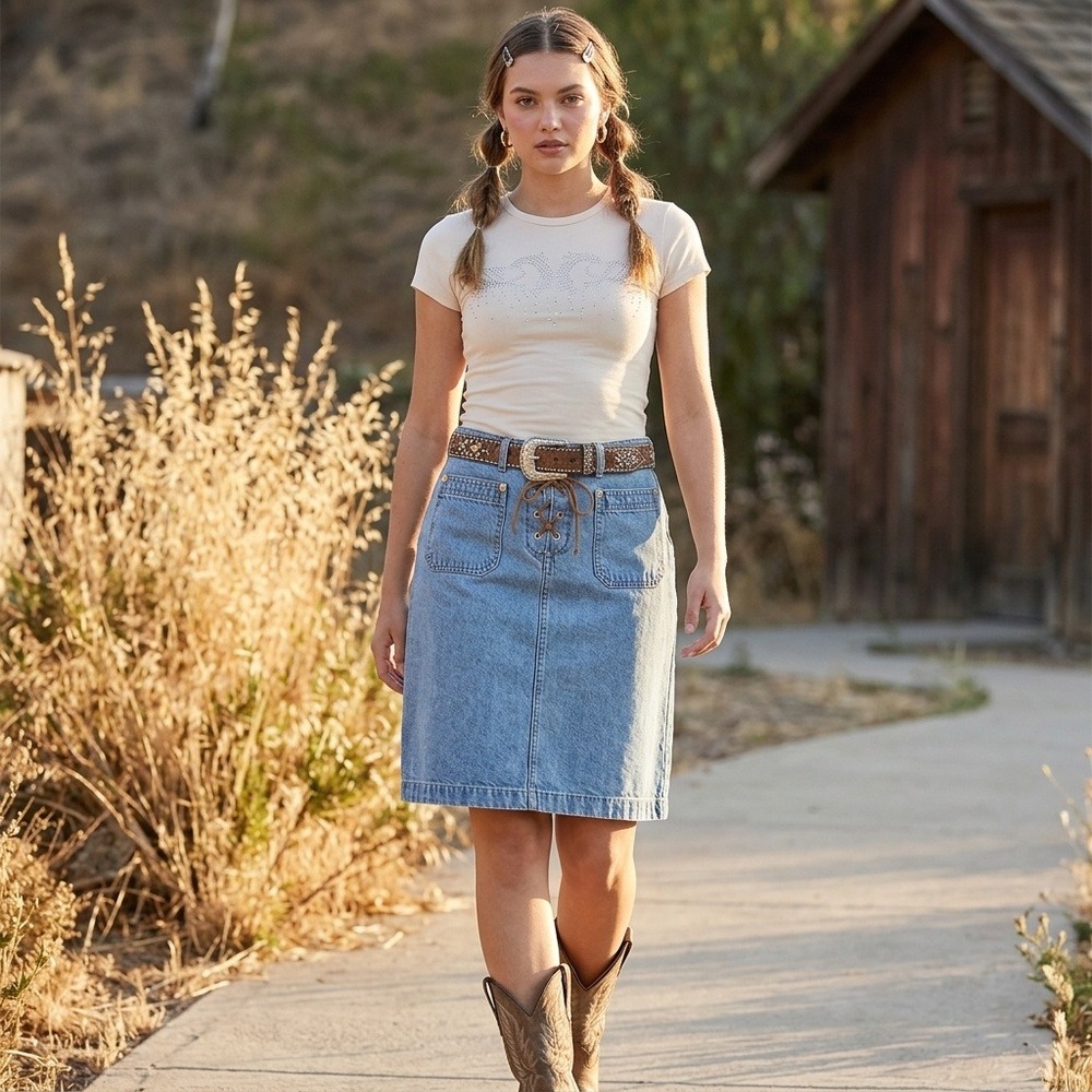 Y2K Womens Denim Midi Skirt Lace Up Size 10 Covington Boho Western Prairie 2000s